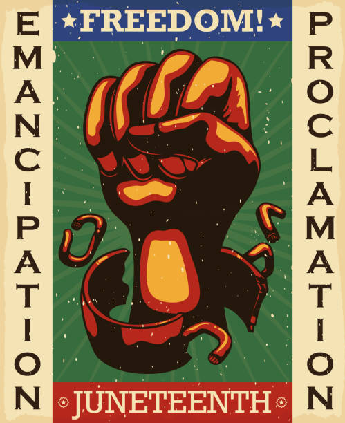 Retro Design with Fist Breaking Chains Promoting Freedom Day Retro Design to celebrate Freedom Day or Juneteenth with fist breaking shackles, representing the liberation of African-American slaves in the U.S.A. with the Emancipation Proclamation. civil rights stock illustrations