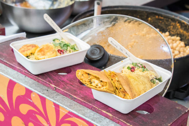 Tasty Indian dishes at a market stall.