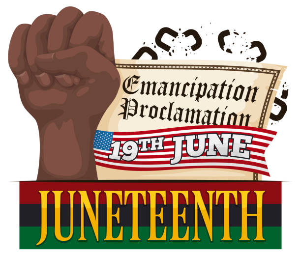 Emancipation Proclamation, Fist Breaking Chains and Flag to Celebrate Juneteenth Iconic Emancipation Proclamation of United States in scroll, with a dark skinned fist high up breaking chains, and Pan-African flag announcing Juneteenth celebration this 19th June. reenactment stock illustrations