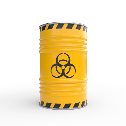 Biohazard waste yellow barrels with biohazard symbol, isolated on white background. Toxic waste in barrels. 3d render illustration