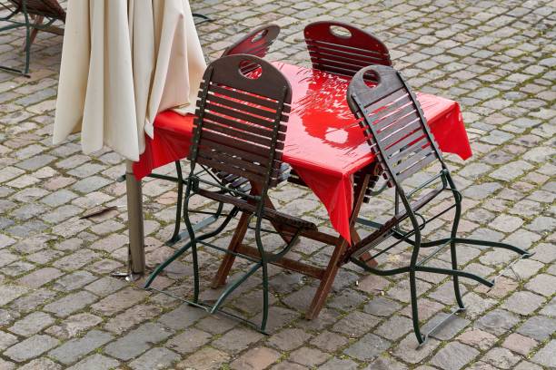 istock Outdoor table and chairs. Empty closed restaurant and cafe 1248308106