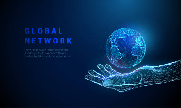 Abstract low poly hand holding planet Earth. Abstract hand holding planet Earth. Low poly style design. Global network concept. Modern blue 3d graphic geometric background. Wireframe light connection structure. Isolated vector illustration. globe navigational equipment stock illustrations