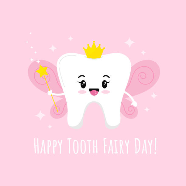 Cute Tooth Fairy with magic wand with star wings gold crown and sparkles isolated on pink background. Cute Tooth Fairy with magic wand with star wings gold crown and sparkles isolated on pink background. Flat design cartoon kawaii style smiling emoji tooth character. Vector illustration. dental gold crown stock illustrations