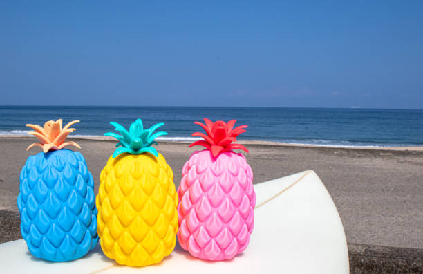 istock Pineapples on the beach with a blue ocean and sky 1248318207