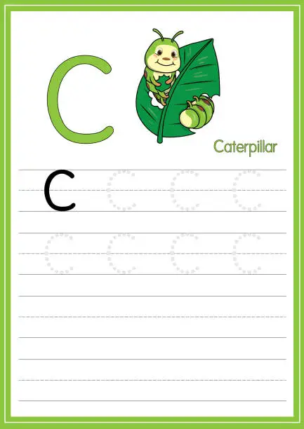 Vector illustration of Vector illustration of Caterpillar isolated on a white background. With the capital letter C for use as a teaching and learning media for children to recognize English letters Or for children to learn to write letters Used to learn at home and school.