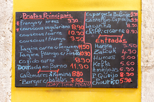 Restaurant menu in Lisbon, Portugal