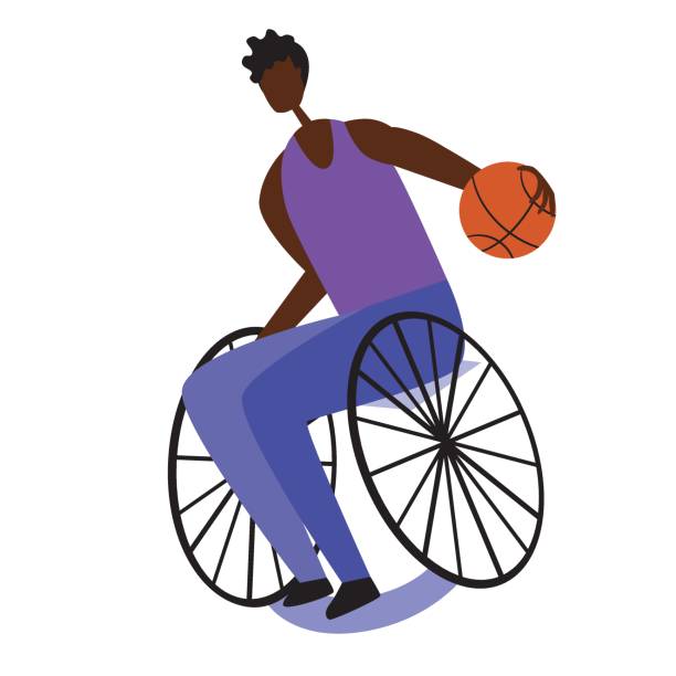 ilustrações, clipart, desenhos animados e ícones de afro homem ou jovem em uma cadeira de rodas joga basquete isolado em fundo branco, ilustração de estoque de vetor plano com personagem de desenho animado como um conceito de atividade - paralytic