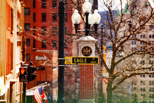 Eagle and state street intersection, road sign, Alberta, NY USA