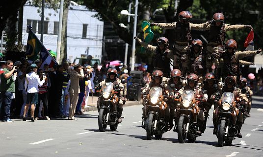 salvador, bahia / brazil - september 7, 2016: Military policemen make a human pirame on motorcycles during Civic-Military Parade on Brazil Independence Day.