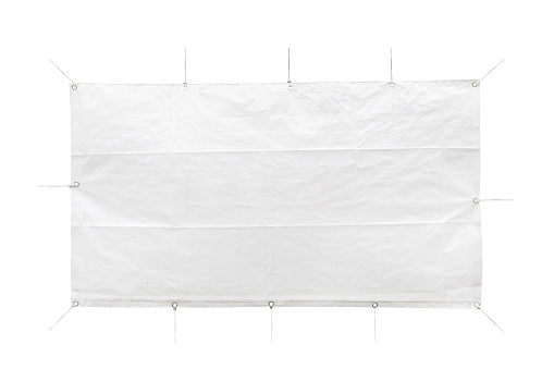 Cloth banner hanging with ropes.  with clipping path.\nphotography.