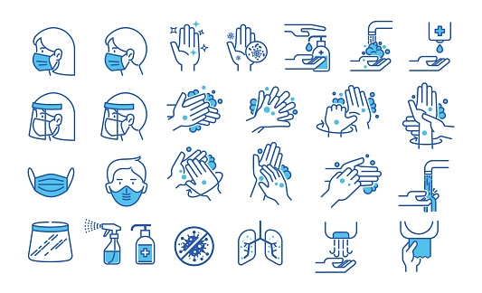 Set of hand washing icons in thin line style. Hygiene icons. The icons as hand wash, soap, alcohol, detergent, anti bacterial and mask. Vector illustrations.