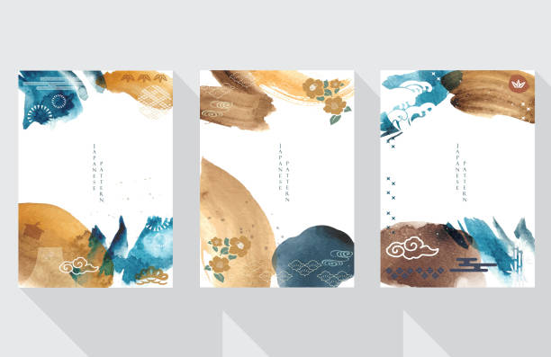 istock Japanese template with Asian icon background vector. Watercolor brush stroke illustration with wave pattern. 1248333323