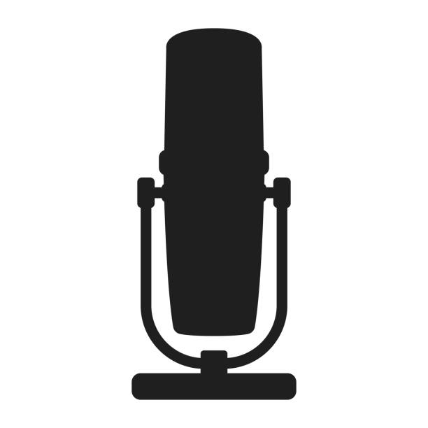 Professional microphone for radio, online internet streaming and podcast concept icon black silhouette simple vector illustration, isolated on white. Professional microphone for radio, online internet streaming and podcast concept icon black silhouette simple vector illustration, isolated on white. Voice recording equipment, specialist music gear. microphone silhouettes stock illustrations