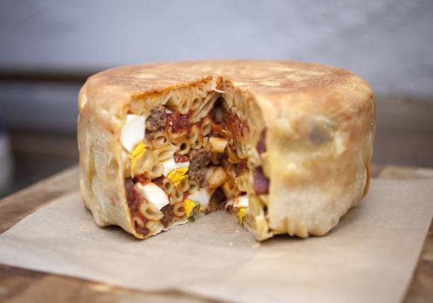 Close up of a slice of a savory chicken pie