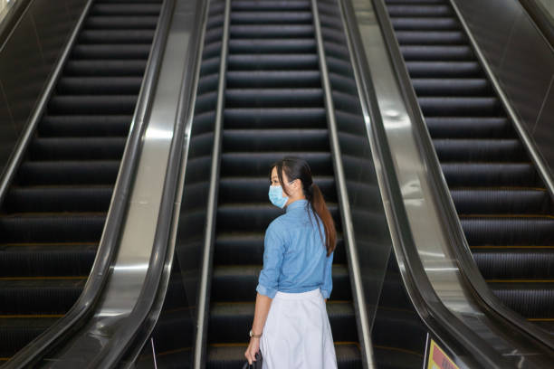 istock Asian Chinese female with face mask on the move using escalator go into light rail train station 1248349403