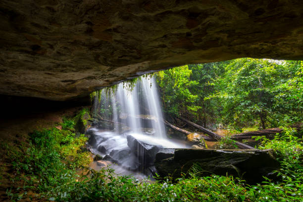 istock Khun Sri waterfall in tropical forest Thailand leaf moving low speed shutter blur.Unseen in Sisaket province,Thailand. 1248357879