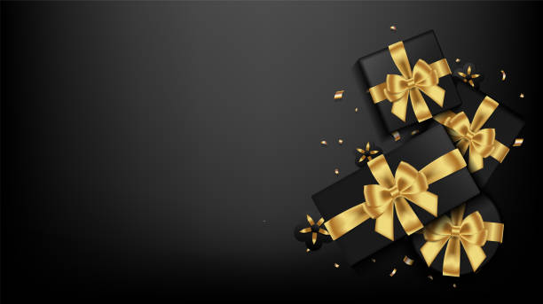 istock Gift boxes decorated with gold ribbon put the pile together on the black background. Vector illustration. 1248366720