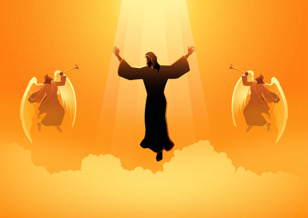 Judgement Day theme Biblical silhouette illustration series, the ascension day of Jesus Christ, the judgement day theme Armageddon Bible stock illustrations
