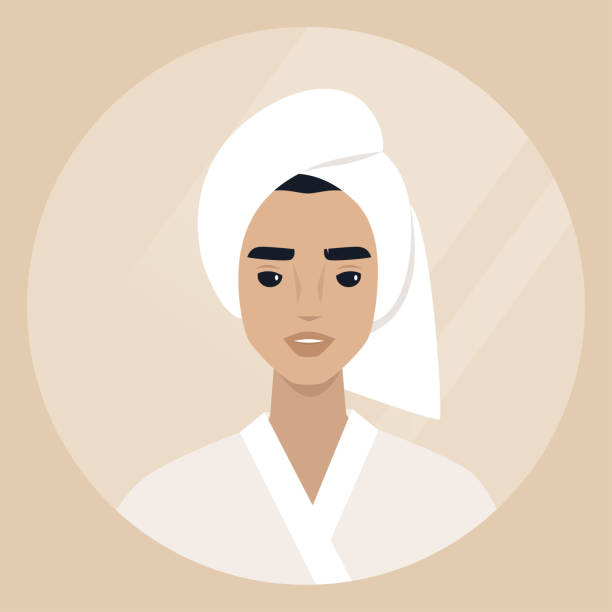 ilustraciones, imágenes clip art, dibujos animados e iconos de stock de personaje masculino joven con una toalla envuelta en el costado de la cabeza, rutina diaria de cuidado corporal - male towel men human face
