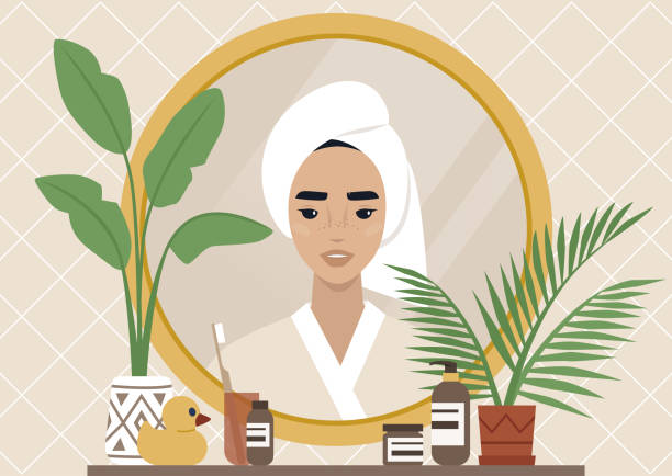 зеркальное отражение, молодой женский персонаж носить полотенце, завернутые на стороне головы, ежедневный уход за телом рутины, бохо интер� - wrapped in a towel illustrations stock illustrations