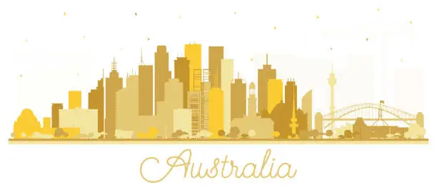 Vector illustration of Australia City Skyline Silhouette with Golden Buildings Isolated on White.