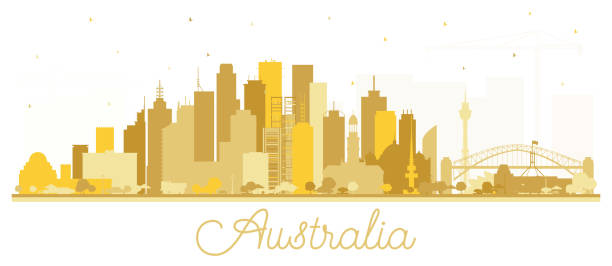 澳大利亞 城市天際線剪影與黃金建築隔離在白色。 - 墨爾本 澳洲 插圖 幅插畫檔、美工圖案、卡通及圖標