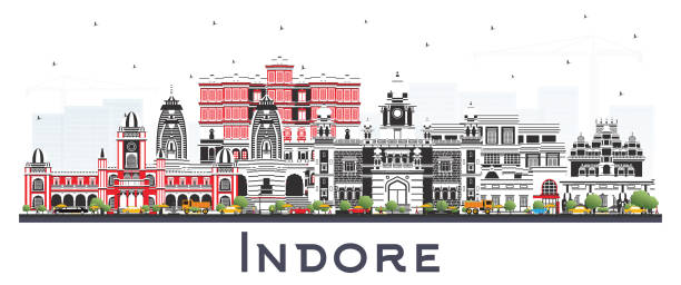 ilustraciones, imágenes clip art, dibujos animados e iconos de stock de indore india city skyline con edificios grises aislados en blanco. - madhya