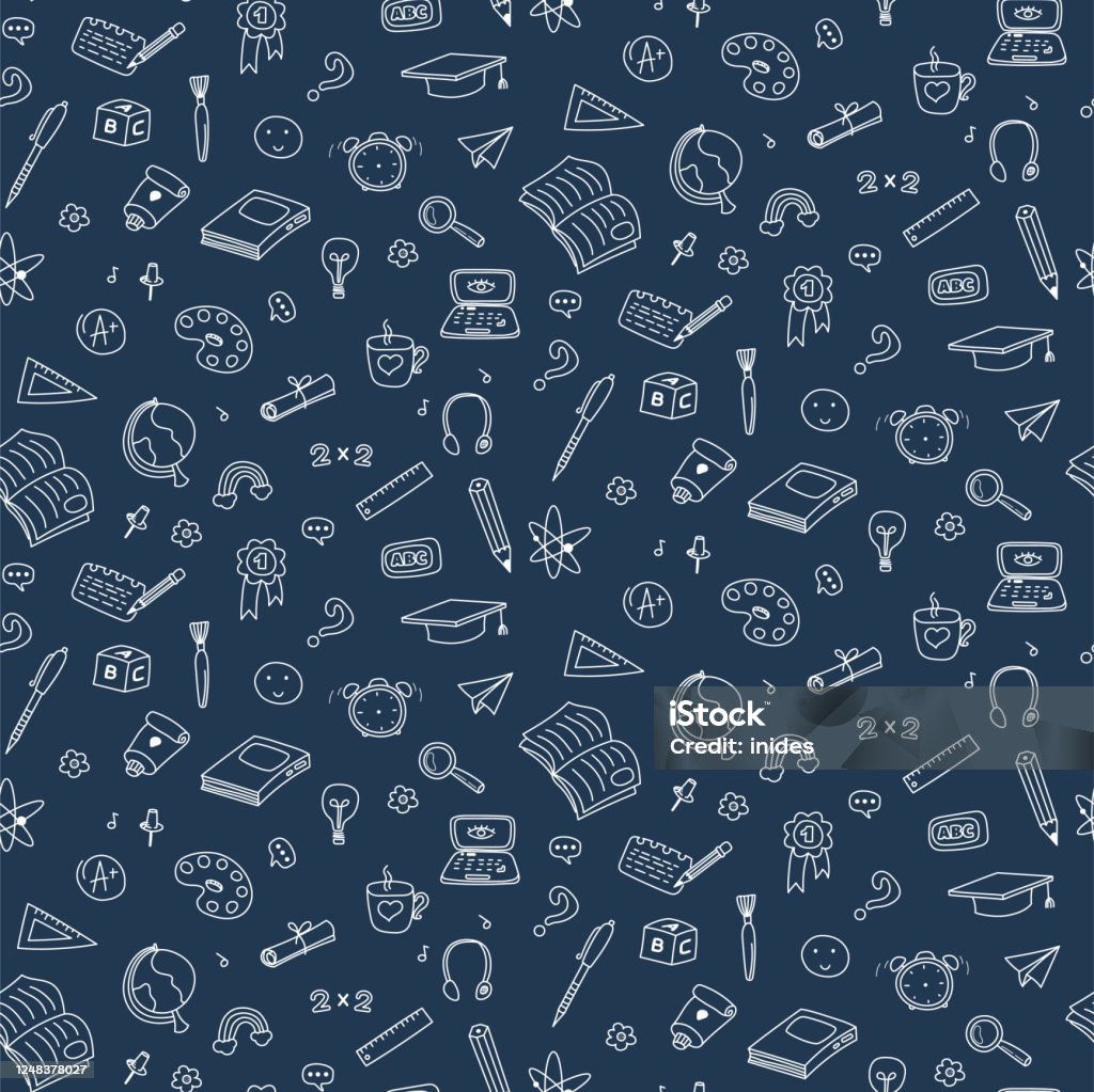 Vector seamless pattern with education back to school icons. Doodle student dark background. Vector seamless pattern with education back to school icons. Doodle icons student dark background. Education stock vector
