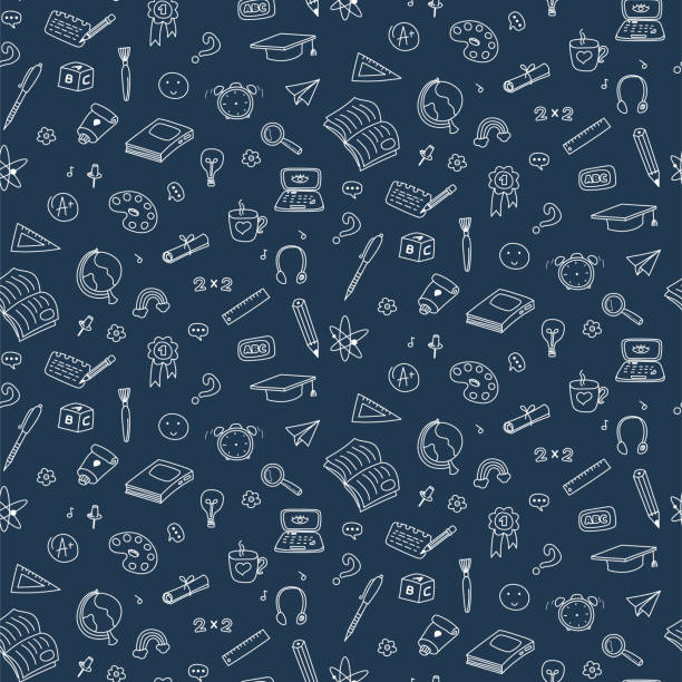 Vector seamless pattern with education back to school icons. Doodle student dark background. Vector seamless pattern with education back to school icons. Doodle icons student dark background. education stock illustrations