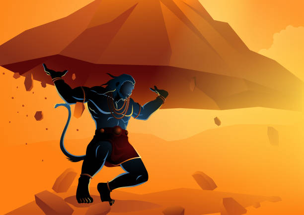 хануман поднимает гору дронагири - hanuman stock illustrations