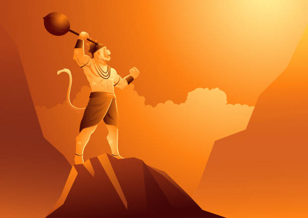 ilustraciones, imágenes clip art, dibujos animados e iconos de stock de hanuman de pie en la montaña - hanuman