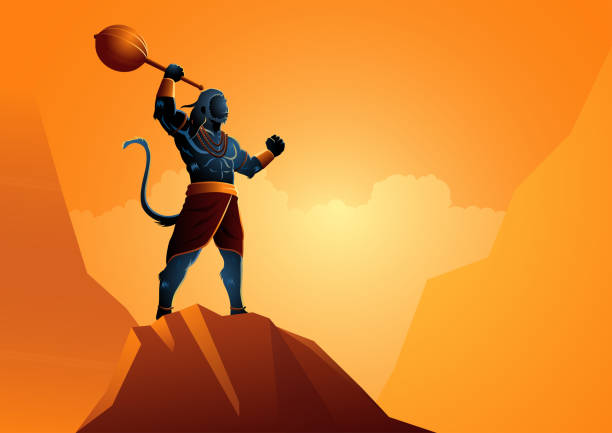 hanuman steht auf dem felsen - hanuman stock-grafiken, -clipart, -cartoons und -symbole