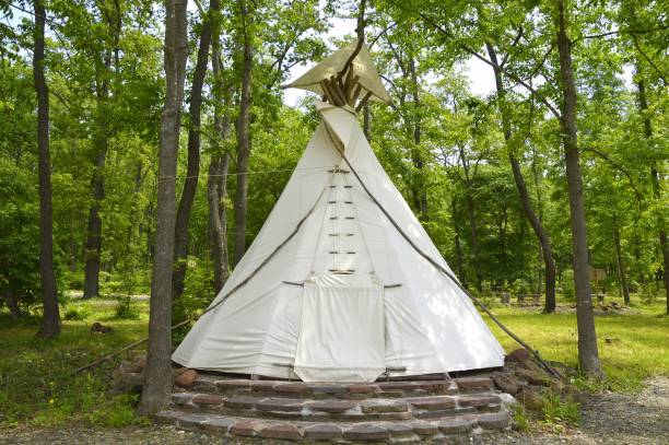istock Native American wigwam made of fabric covered branches in forest 1248399106