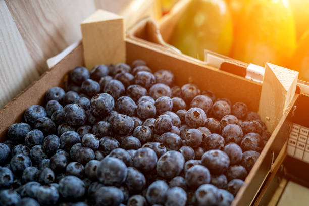 blueberries in a box on the market
