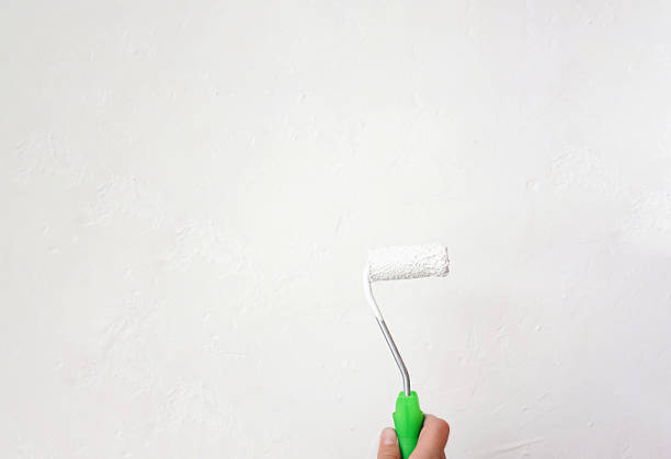 istock small roller in white paint with a bright green handle in a light skinned hand against a light gray concrete surface 1248401122