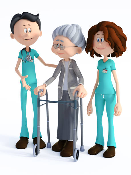 3d-rendering av tecknad läkare och sjuksköterska hjälpa gammal kvinna med walker. - sjuksköterska sverige bildbanksfoton och bilder