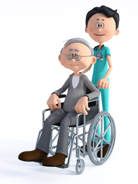 3d-rendering av tecknad läkare med gammal man i rullstol. - sjuksköterska sverige bildbanksfoton och bilder