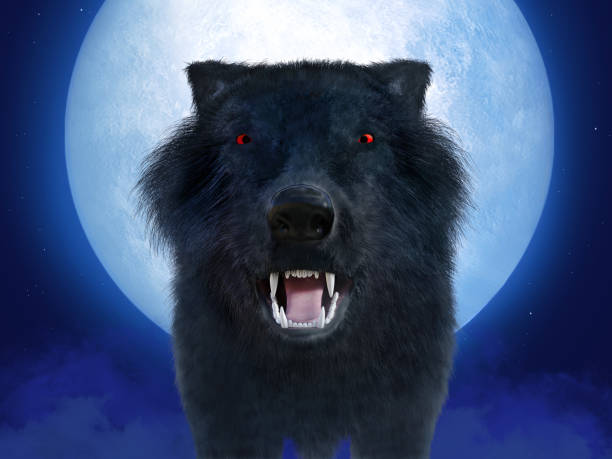istock 3D rendering of black wolf with red eyes in moonlight. 1248406312