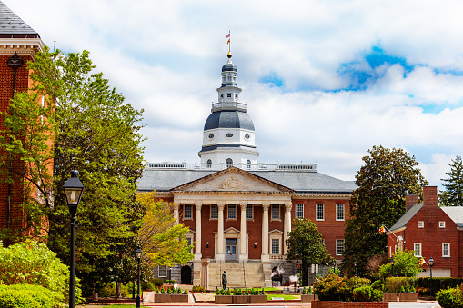Maryland State House capitol building view from Bladen street at string, Annapolis MA, USA
