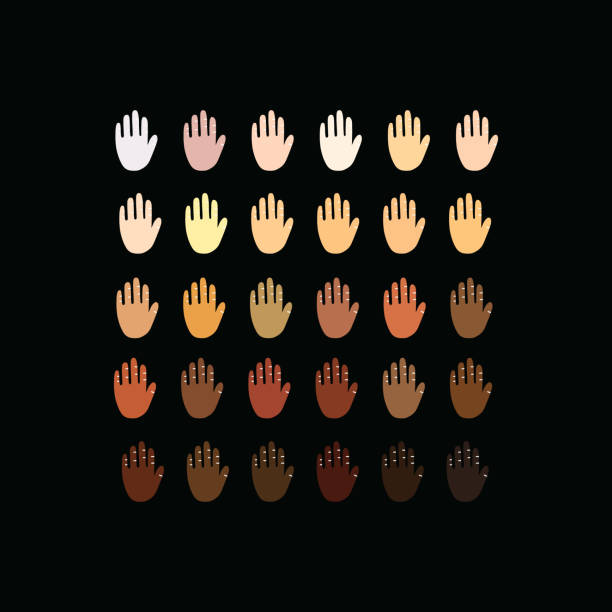 Raised hands of different race skin color. Vector illustration. hands with skin color diversity vector background. protest concept icons, social, national, racial issues symbols. brown university stock illustrations