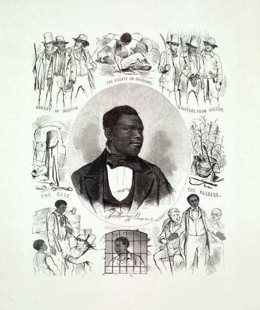 Life and Portrait of Fugitive Slave Anthony Burns Vintage illustration features a portrait of the fugitive slave Anthony Burns, whose arrest and trial under the Fugitive Slave Act of 1850 fueled riots and protests by abolitionists and citizens of Boston in the spring of 1854. emancipation proclamation stock illustrations
