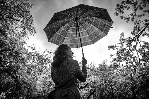 A girl with a checkered umbrella stands in a blooming apple orchard