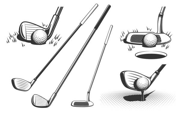 ilustraciones, imágenes clip art, dibujos animados e iconos de stock de palos de golf y una pelota - putting