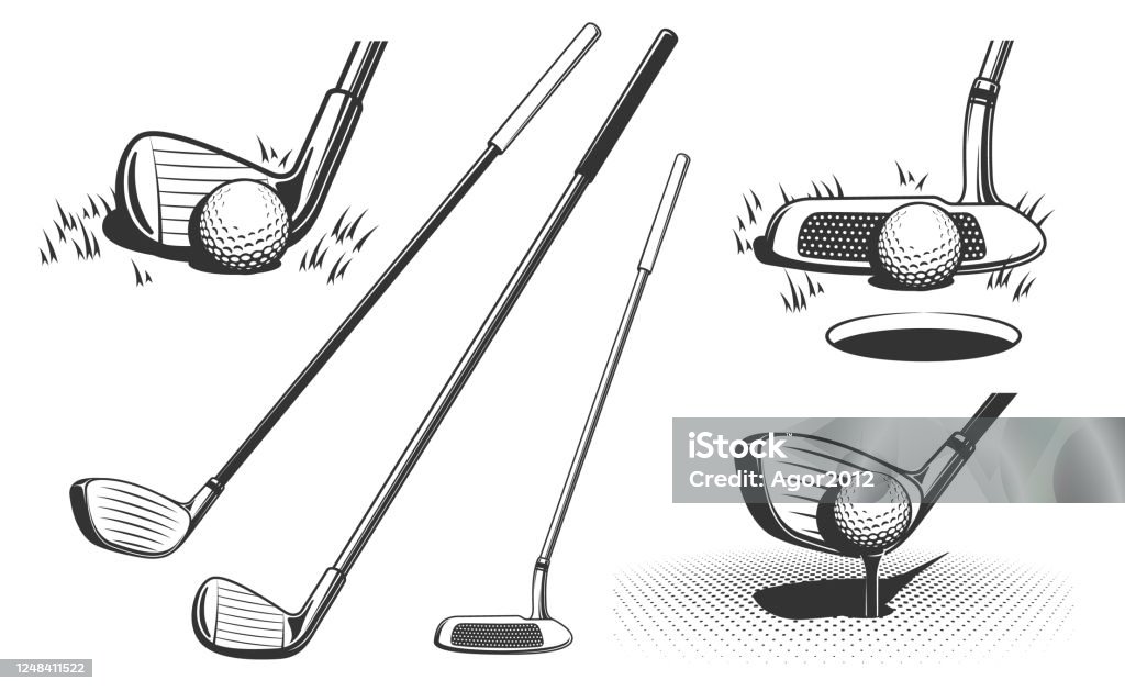 Golf clubs and a ball Golf clubs and a ball. Retro monochrome vector illustration. Golf Club stock vector