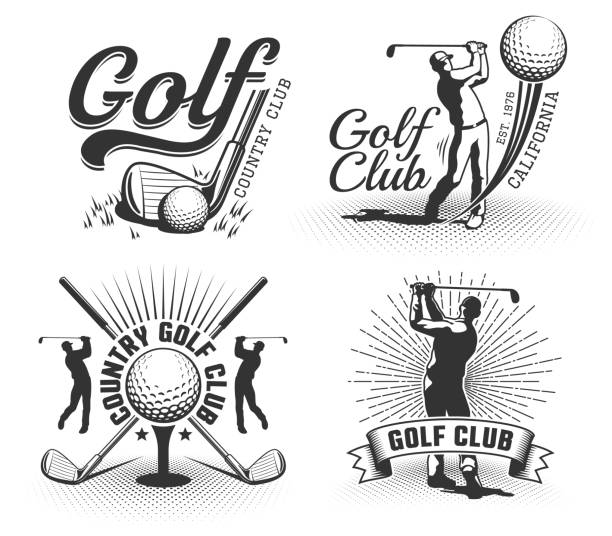 illustrazioni stock, clip art, cartoni animati e icone di tendenza di loghi da golf con mazze, palline e golfisti - golf golf club sport golf ball