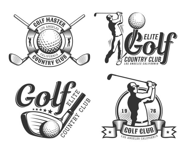 Golf emblem with golfer Golf emblem with golfer, club and ball in retro vintage style. golfer swinging club stock illustrations