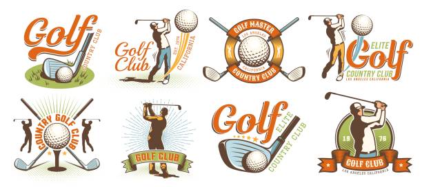 illustrations, cliparts, dessins animés et icônes de logo rétro de golf avec des boules de clubs et golfeur - balle golf
