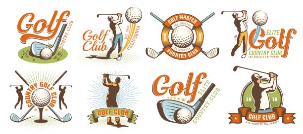 Golf retro logo with clubs balls and golfer. Vintage country golf club emblem set. Vector illustration.