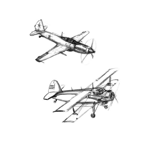 istock Set of airplanes on a white background. Hand drawn pencil illustrations. Black and white 1248411635