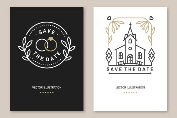 Wedding invitation card template. Vector Thin line geometric badge. Outline icon for save the date invitation card design. Modern minimalist design with wedding church, arch, rings and leaf, flowers Wedding invitation card template. Vector. Thin line geometric badge. Outline icon for save the date invitation card design. Modern minimalist design with wedding church, arch, rings and leaf, flowers wedding stock illustrations